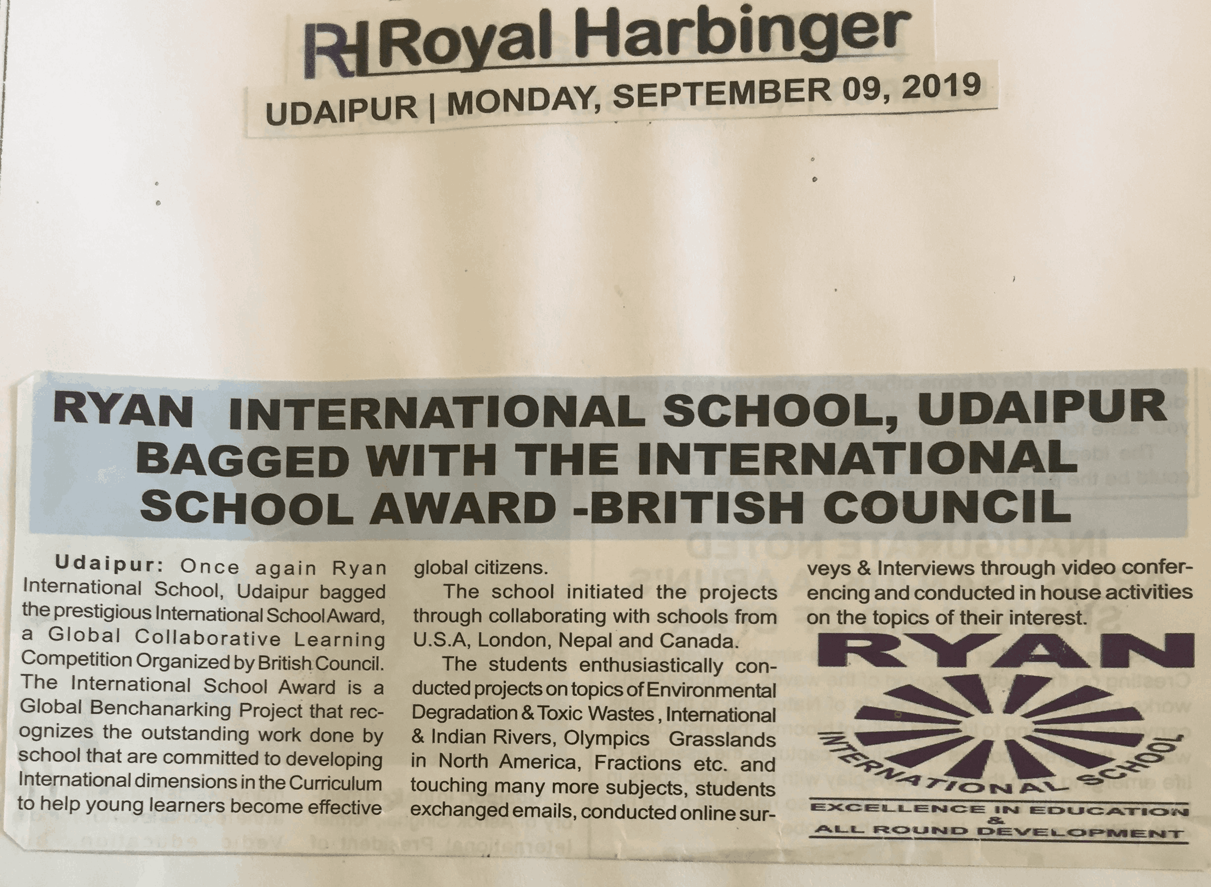 RYAN UDAIPUR AWARD WITH BRITISH COUNCIL – ISA AWARD - Ryan international School, Udaipur